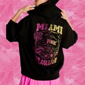 PINK Victoria's Secret Black Hoodie with Pink and Yellow Graphics full zip